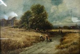 British School, 19th Century, Landscape with farm labourers along a path and in a field with
