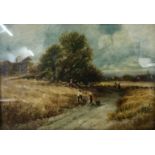 British School, 19th Century, Landscape with farm labourers along a path and in a field with