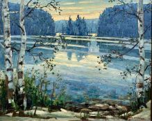 Daniel J. Izzard (Canadian, 20th Century) Lake scene, oil on board, signed and dated (59) to lower