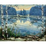 Daniel J. Izzard (Canadian, 20th Century) Lake scene, oil on board, signed and dated (59) to lower