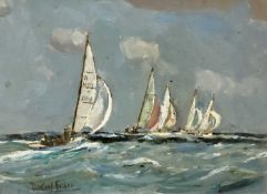 Rowland Fisher RA RMSA ROI (British, 1885-1969) Racing to the Marker. , Oil on board, signed.