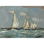 Rowland Fisher RA RMSA ROI (British, 1885-1969) Racing to the Marker. , Oil on board, signed.