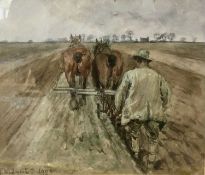 British School, 19th Century, A ploughman at work, watercolour, indistinctly signed, 7.5x11ins.,