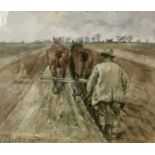 British School, 19th Century, A ploughman at work, watercolour, indistinctly signed, 7.5x11ins.,