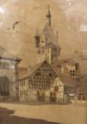 Follower of Charles Spindler (German, 1865-1938), wood marquetry, depicting the town of Haguenau,