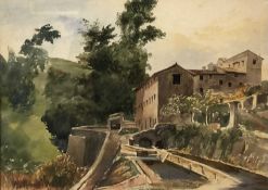 Continental landscape depicting a hillside villa, watercolour, 12x15ins., approx. Framed and