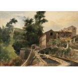 Continental landscape depicting a hillside villa, watercolour, 12x15ins., approx. Framed and