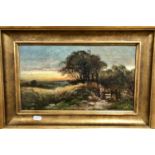 British School, Late 19th Century, Sunset landscape with a figure by a gate, oil on canvas, 9x13.