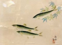 20th Century Japanese print of three ray-finned fish, signed, framed 13x17.5ins., approx.