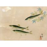 20th Century Japanese print of three ray-finned fish, signed, framed 13x17.5ins., approx.