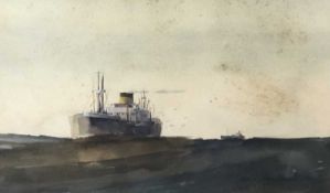 Dennis John Hanceri RSMA (British, 20th Century), A merchant ship at sea, watercolour, signed. 7x5.