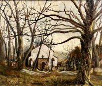 Ron Norriss (British, 20th Century), "Clixby", parish church in winter, surrounded by woodland,