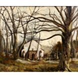 Ron Norriss (British, 20th Century), "Clixby", parish church in winter, surrounded by woodland,