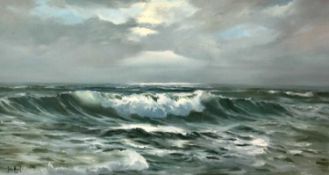 John Hewitt (British, Contemporary) Seascape, waves breaking under a clouded sky, oil on board,