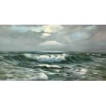 John Hewitt (British, Contemporary) Seascape, waves breaking under a clouded sky, oil on board,