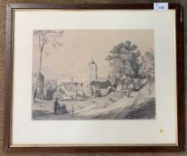 Sepia engraving of Ypres on paper, indistinctly signed, framed, 9x12.5ins, framed and glazed.