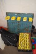 QUANTITY OF YELLOW PLASTIC WORKSHOP TIDY TRAYS AND ACCOMPANYING METAL RACKING