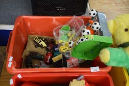 ONE BOX VARIOUS CORGI MODERN PROMOTIONAL TOY VANS AND OTHERS, PLUS M&M SOCCER DISPENSER AND OTHER