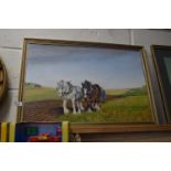 J W FULLER, STUDY OF HEAVY HORSES PLOUGHING, OIL ON BOARD, DATED 1989
