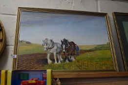 J W FULLER, STUDY OF HEAVY HORSES PLOUGHING, OIL ON BOARD, DATED 1989