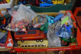 ONE BOX VARIOUS MIXED PLASTIC TOY FIGURES, VEHICLES ETC