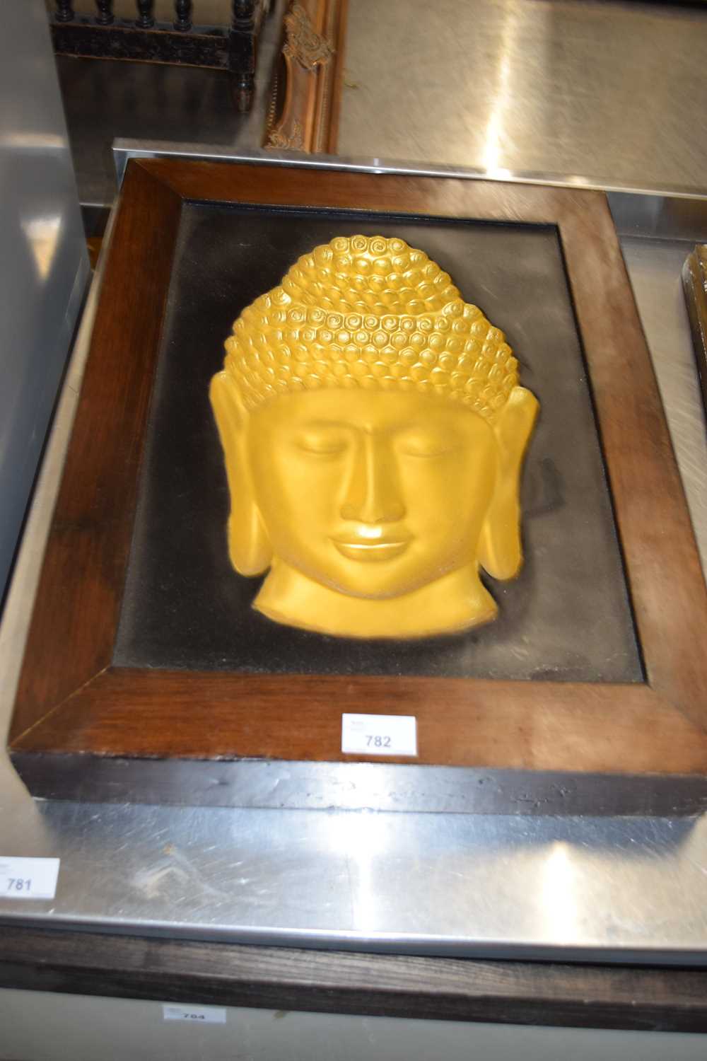 CONTEMPORARY CONCAVE WALL PLAQUE - BUDDHA'S HEAD, IN HARDWOOD FRAME