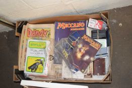 BOX MIXED ITEMS TO INCLUDE DANDY COMICS, KINGS LYNN SPEEDWAY PROGRAMMES, MECCANO MAGAZINES,