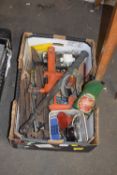 ONE BOX VARIOUS TOOLS, VINTAGE OIL CAN ETC