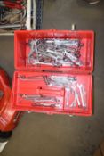 RED PLASTIC TOOL BOX CONTAINING SPANNERS