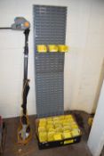 YELLOW PLASTIC WORKSHOP TIDY TRAYS AND ACCOMPANYING METAL RACKING