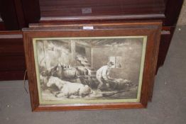 PAIR OF OAK FRAMED PRINTS, STABLE INTERIOR SCENES