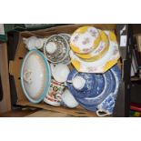 BOX VARIOUS ASSORTED CERAMICS TO INCLUDE COVERED VEGETABLE DISH, VARIOUS TEA WARES ETC