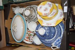 BOX VARIOUS ASSORTED CERAMICS TO INCLUDE COVERED VEGETABLE DISH, VARIOUS TEA WARES ETC