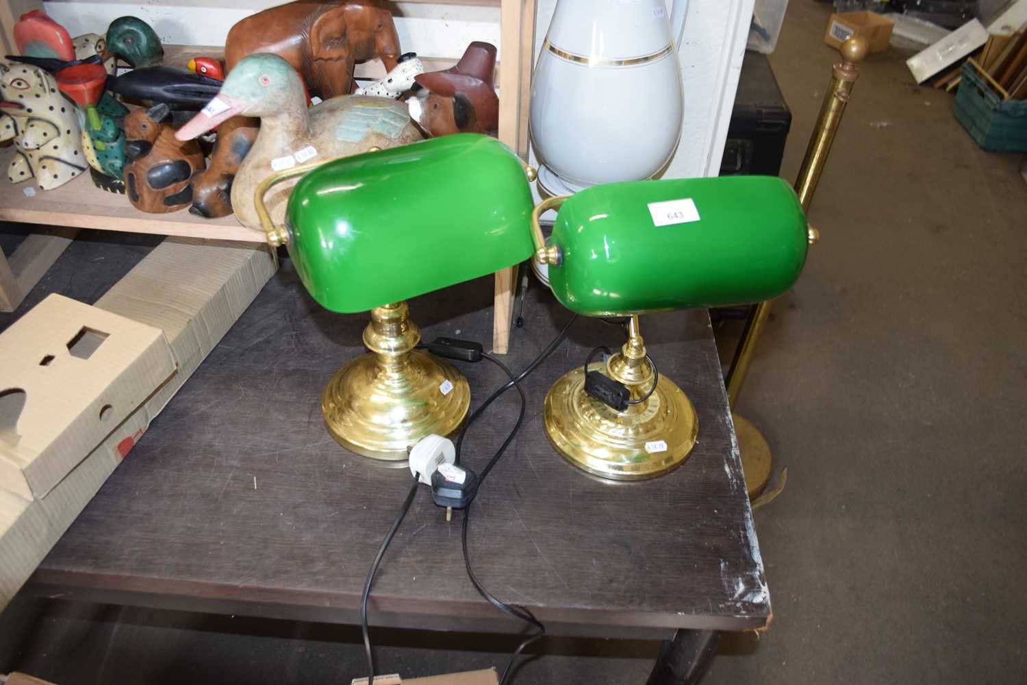 TWO MODERN BANKERS TYPE BRASS DESK LAMPS WITH GREEN GLASS SHADES