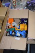 ONE BOX VARIOUS PLASTIC TOY VEHICLES AND FARM MACHINERY