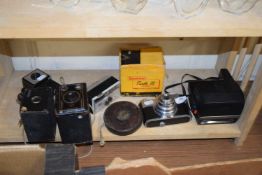 ASSORTED VINTAGE CAMERAS TO INCLUDE AGFA, KODAK, PLUS A LEATHER COVERED TAPE MEASURE ETC