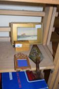 MIXED LOT : SMALL MAUCHLINE TYPE BOX, SMALL WATERCOLOUR OF A RIVERSIDE SCENE, PAINTED WOODEN