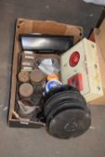 ONE BOX GARAGE CLEARANCE ITEMS, JARS AND TINS, NAILS, BOXED FIRE ALARM AND OTHER ITEMS
