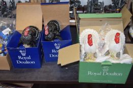 FOUR ROYAL DOULTON BERNARD MATTHEWS MODEL TURKEYS - TWO BLACK AND TWO WHITE, WITH ORIGINAL BOXES