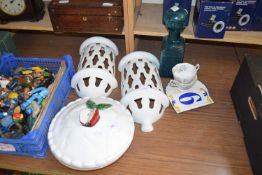 MIXED LOT : COVERED SERVING DISH, CERAMIC WALL BRACKET, TEA WARES, GLASS DECANTER ETC