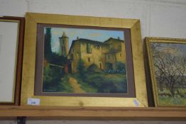 20TH CENTURY CONTINENTAL SCHOOL, STUDY OF MEDITERRANEAN HOUSE, INDISTINCTLY SIGNED, OIL ON BOARD,