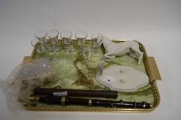 MIXED LOT COMPRISING A HARDWOOD FLUTE, VARIOUS GLASSES, SMALL VINTAGE TELESCOPE AND OTHER ITEMS