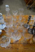 MIXED LOT OF LONG STEMMED CLEAR WINES, DECANTER AND OTHER ITEMS