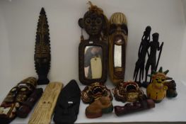 COLLECTION OF VARIOUS ETHNIC CARVED MASKS, WALL MIRROR, VARIOUS FIGURES ETC