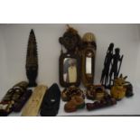 COLLECTION OF VARIOUS ETHNIC CARVED MASKS, WALL MIRROR, VARIOUS FIGURES ETC