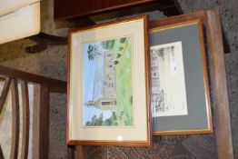 MIXED LOT COMPRISING WATERCOLOUR STUDY OF A RURAL CHURCH TOGETHER WITH A FURTHER FRAMED PRINT OF