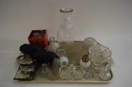 TRAY VARIOUS GLASS WARES TO INCLUDE LIGHT SHADE, CONDIMENT POTS, PICTURE FRAMES, MODEL ELEPHANT ETC