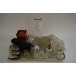 TRAY VARIOUS GLASS WARES TO INCLUDE LIGHT SHADE, CONDIMENT POTS, PICTURE FRAMES, MODEL ELEPHANT ETC