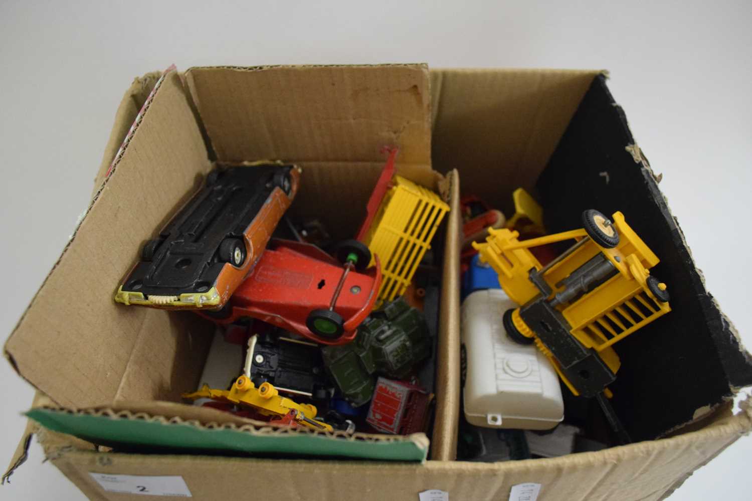 ONE BOX VARIOUS DIE-CAST AND PLASTIC TOY CARS, FARM MACHINERY AND OTHERS TO INCLUDE CORGI ETC