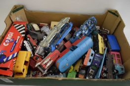 LARGE BOX VARIOUS DIE-CAST TOY VEHICLES TO INCLUDE CORGI AND OTHERS, MUCH PLAYWORN THROUGHOUT